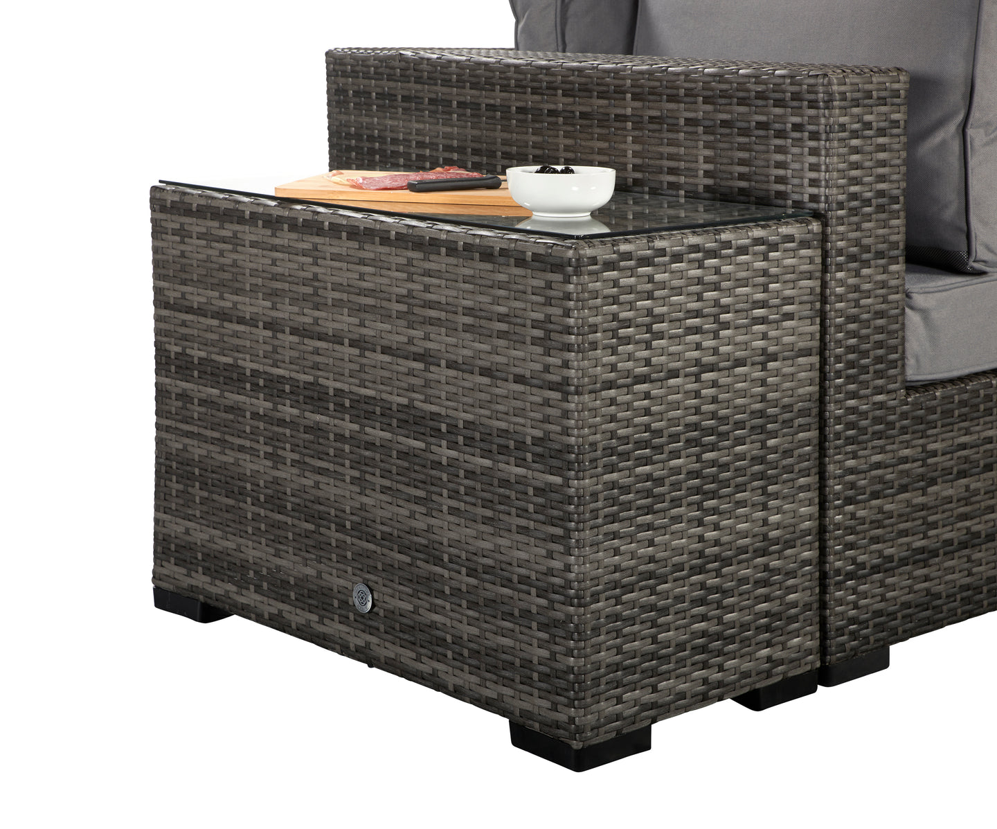 Signature Weave - Outdoor Furniture - Jessica Corner With Poof & End Tables In Mixed Grey